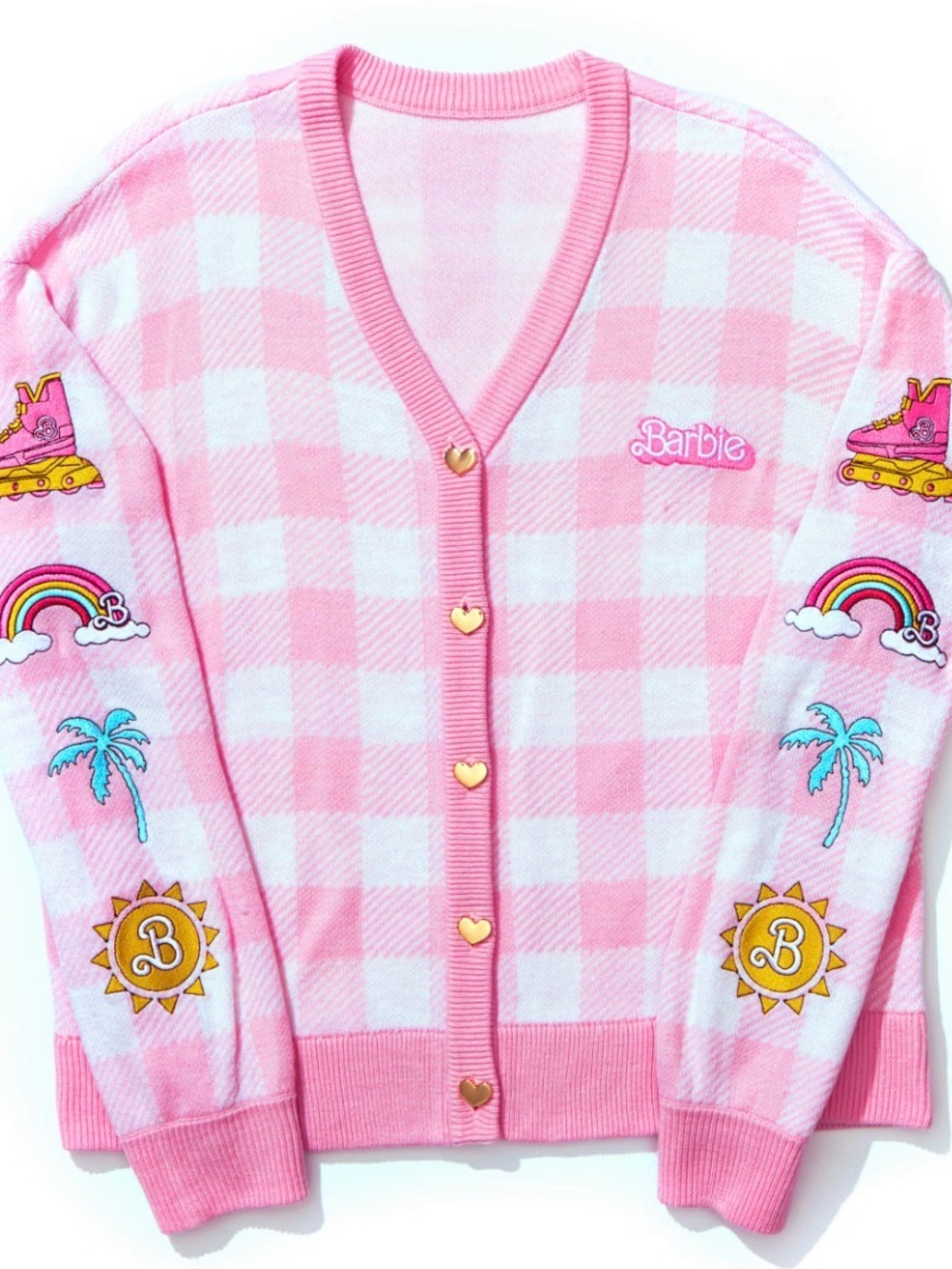 Barbie The Movie Hot Topic Pink Gingham Plaid Knit Sweater Cardigan XL
